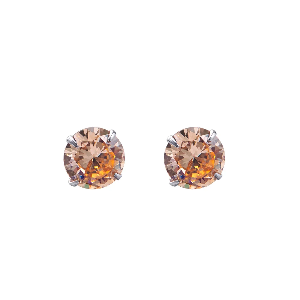 Vivid Round Four-Prong 925 Sterling Silver Stud Earrings - Champagne