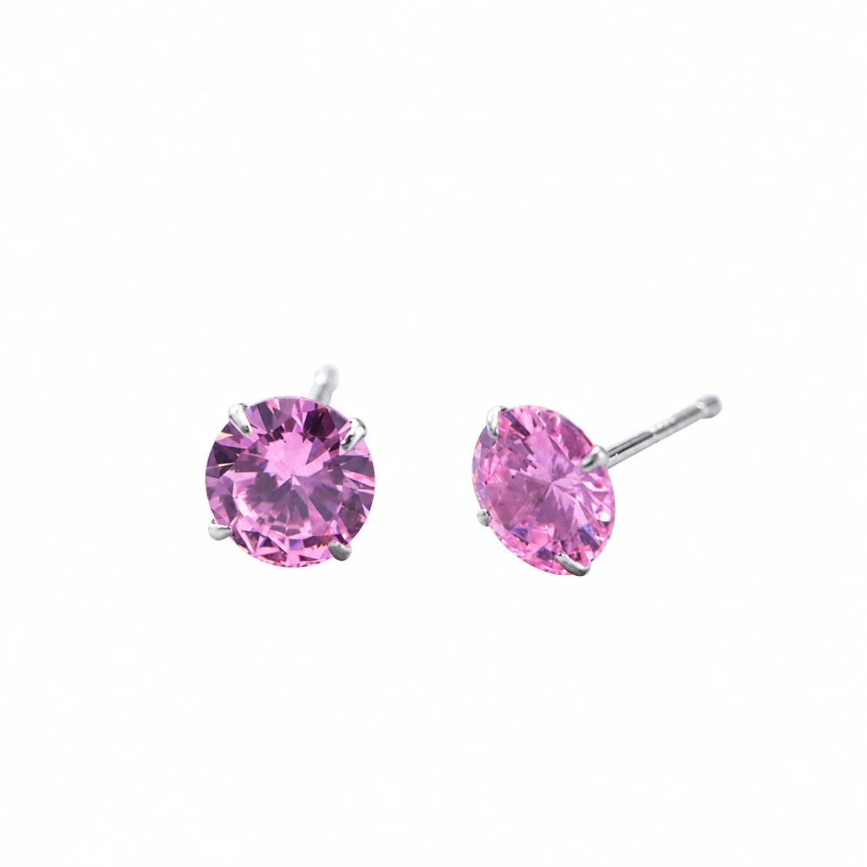 Vivid Round Four-Prong 925 Sterling Silver Stud Earrings - Pink