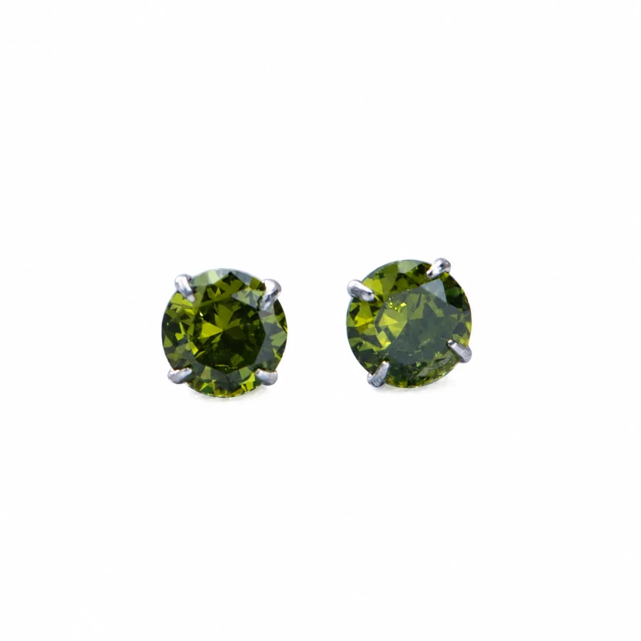 Vivid Round Four-Prong 925 Sterling Silver Stud Earrings - Olive Green