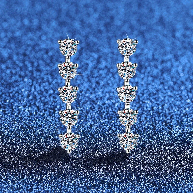 Linear Five-Stone 925 Sterling Silver Moissanite Drop Earrings