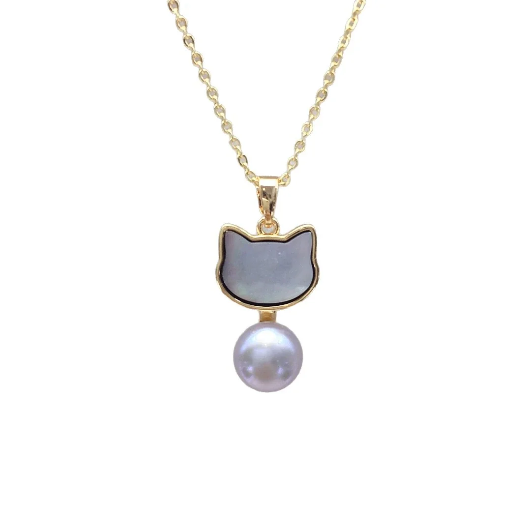 Gold-Plated Cat-Head Inlay Round Pearl Pendant Necklace