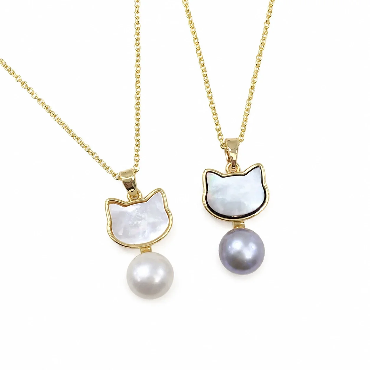 Gold-Plated Cat-Head Inlay Round Pearl Pendant Necklace