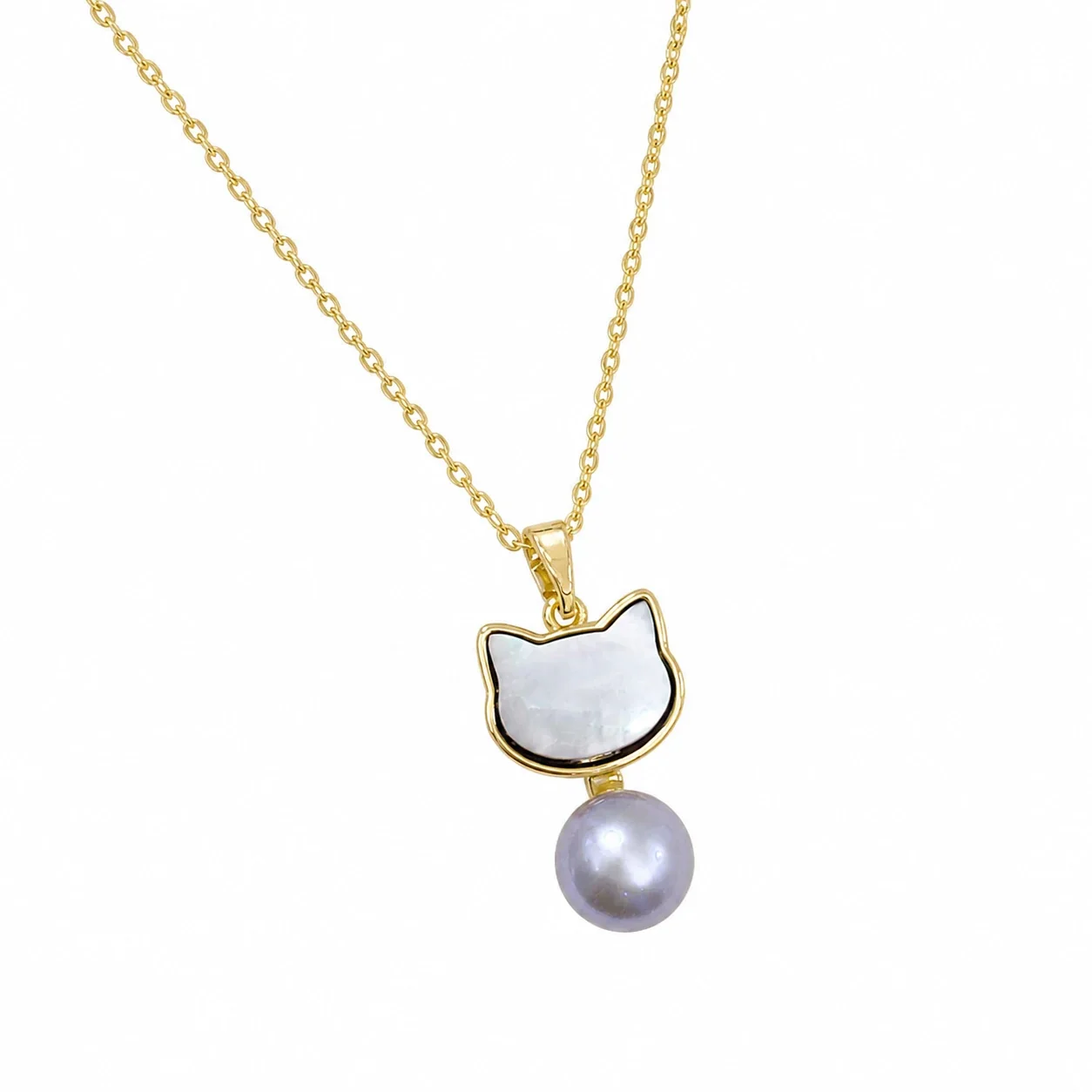 Gold-Plated Cat-Head Inlay Round Pearl Pendant Necklace - Gray