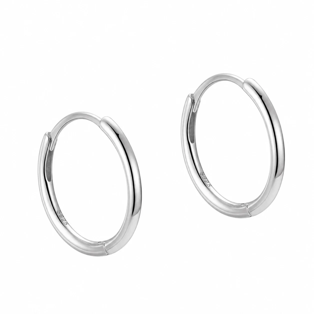 Polished 925 Sterling Silver Rounded Hinged Hoop Earrings - Silver