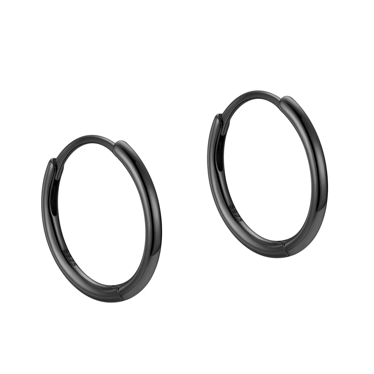 Polished 925 Sterling Silver Rounded Hinged Hoop Earrings - Black