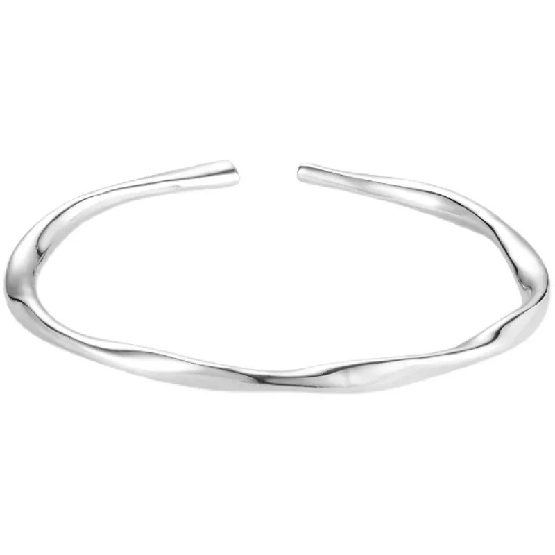 Sculptural 925 Sterling Silver Twisted Open Cuff Bangle - Silver Slim