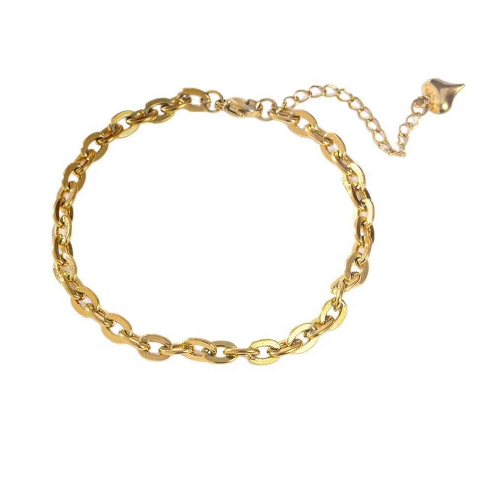Polished Gold-Tone Curb Chain Heart Charm Anklet