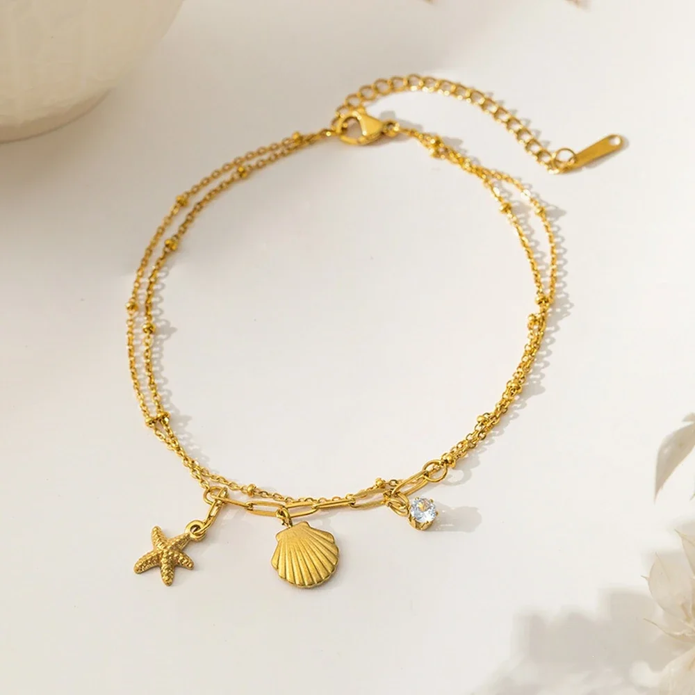 Polished Gold-Tone Curb Chain Heart Charm Anklet - Gold Double-Layer Starfish and Shell