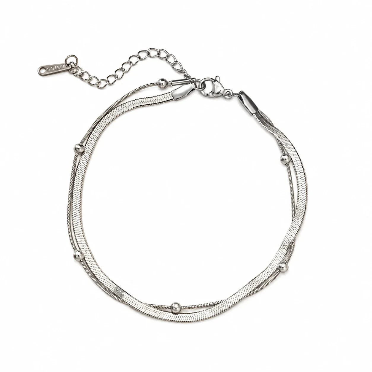 Polished Gold-Tone Curb Chain Heart Charm Anklet - Silver Blade and Round Beads