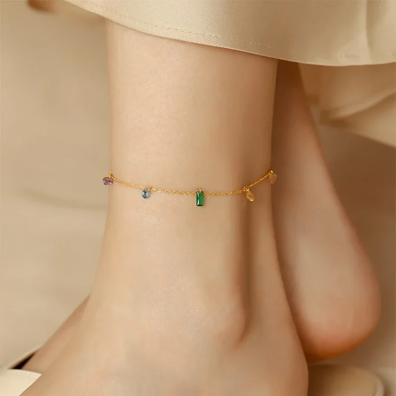 Polished Gold-Tone Curb Chain Heart Charm Anklet - Gold Rainbow