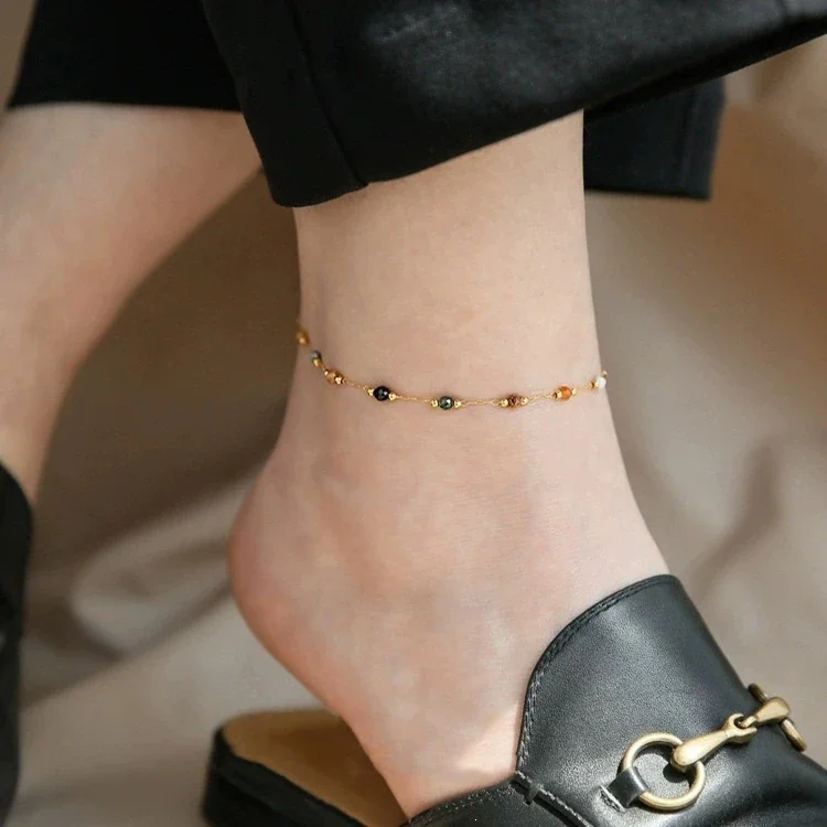 Polished Gold-Tone Curb Chain Heart Charm Anklet - Gold Multicolor Beads