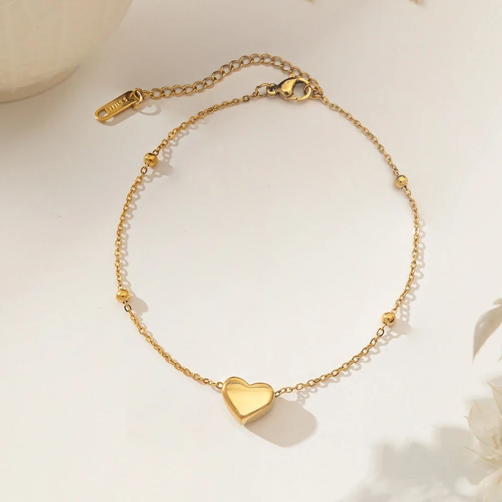 Polished Gold-Tone Curb Chain Heart Charm Anklet - Gold Heart