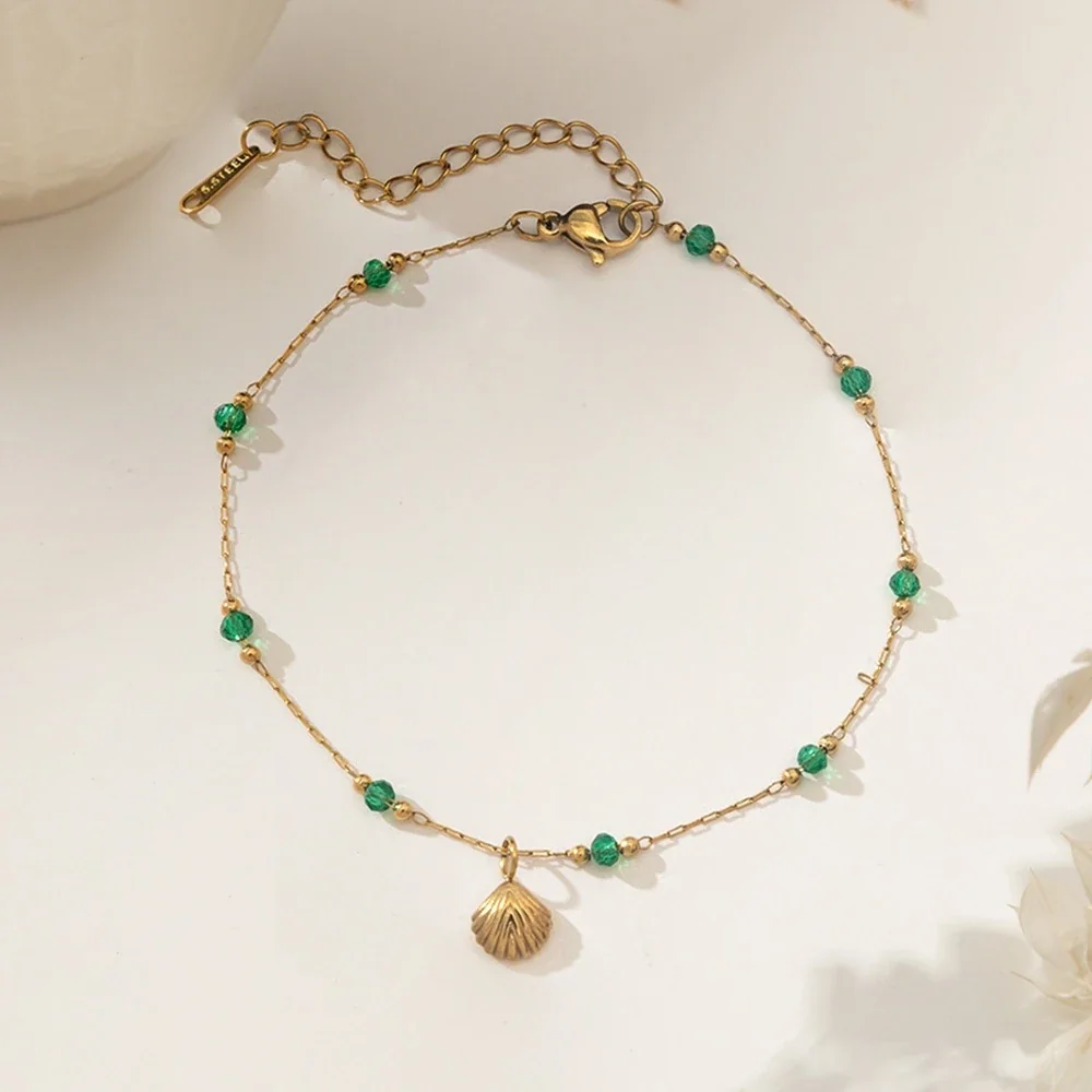 Polished Gold-Tone Curb Chain Heart Charm Anklet - Gold Green Bead and Shell