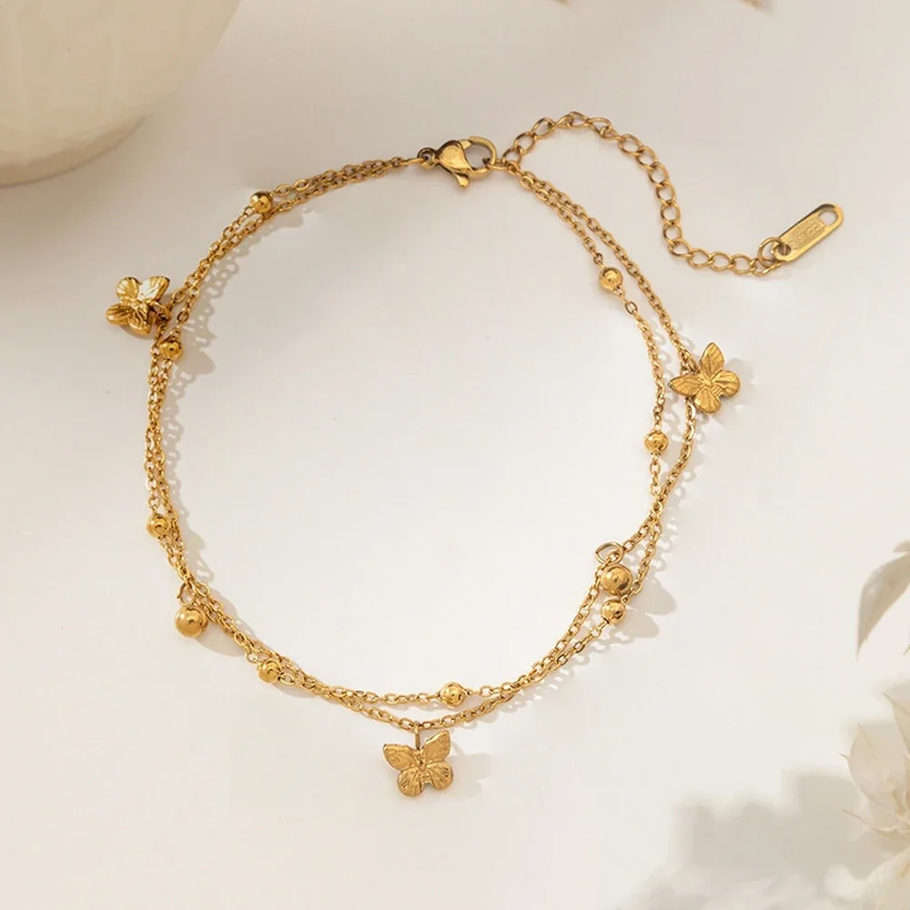 Polished Gold-Tone Curb Chain Heart Charm Anklet - Gold Double-Layer Butterflies