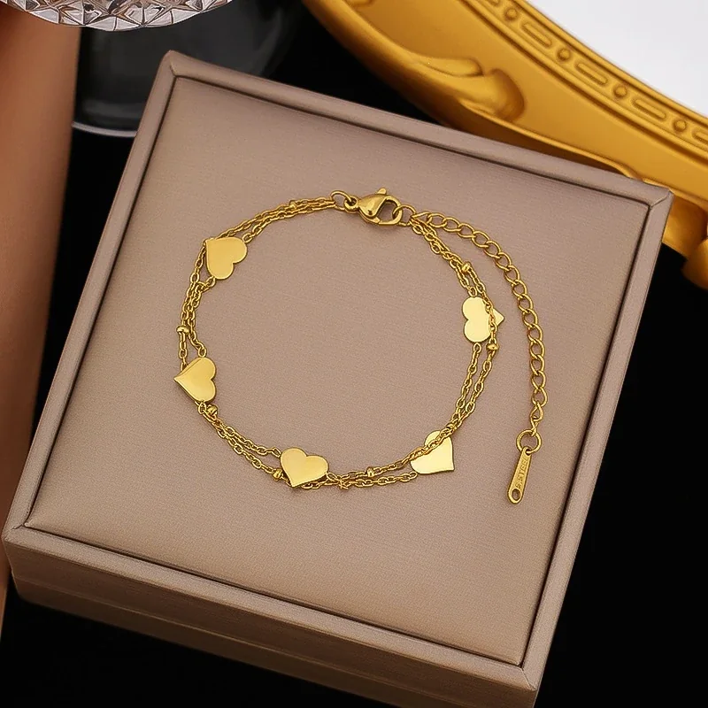 Polished Gold-Tone Curb Chain Heart Charm Anklet - Gold Double-Layer Heart