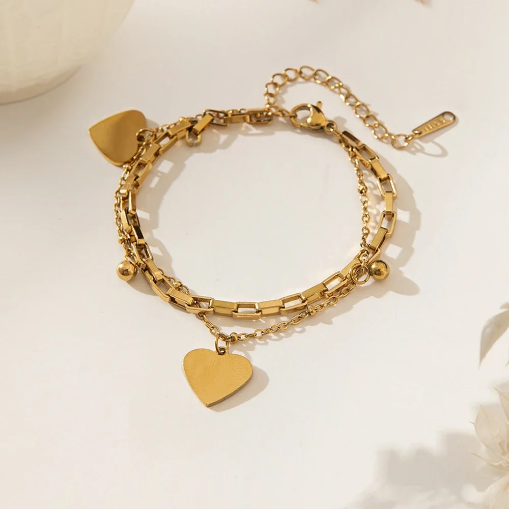 Polished Gold-Tone Curb Chain Heart Charm Anklet - Gold Double-Layer Hearts