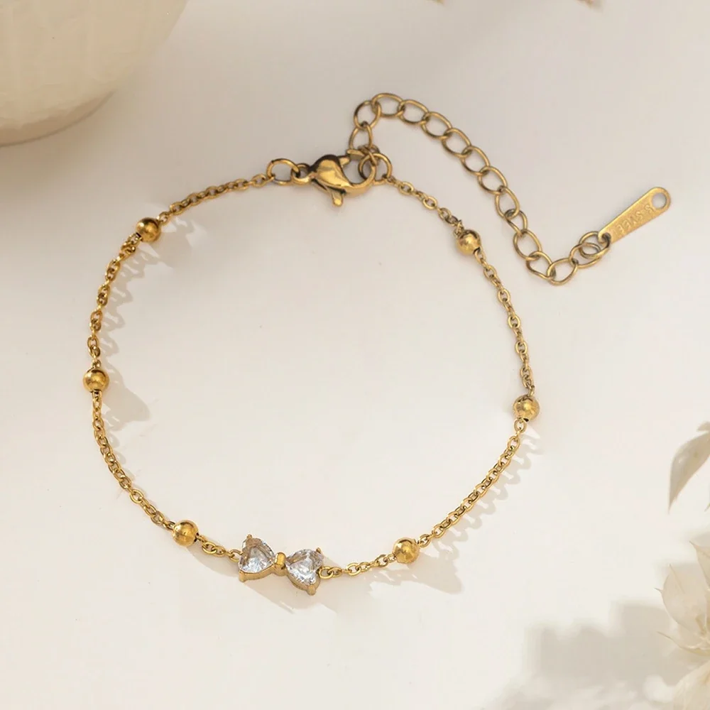 Polished Gold-Tone Curb Chain Heart Charm Anklet - Gold Cubic Zirconia Bow