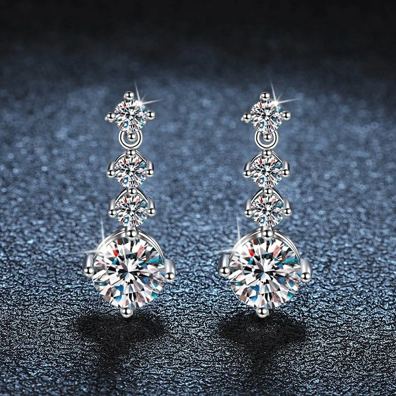 Dramatic 925 Sterling Silver Graduated Prong-Set Drop Earrings