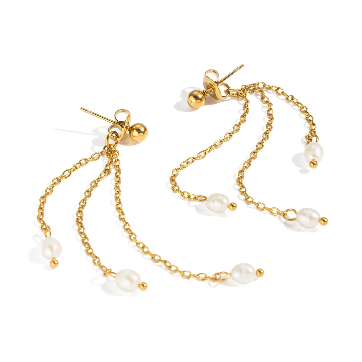 Elegant Stainless Steel Triple-Chain Pearl Drop Earrings