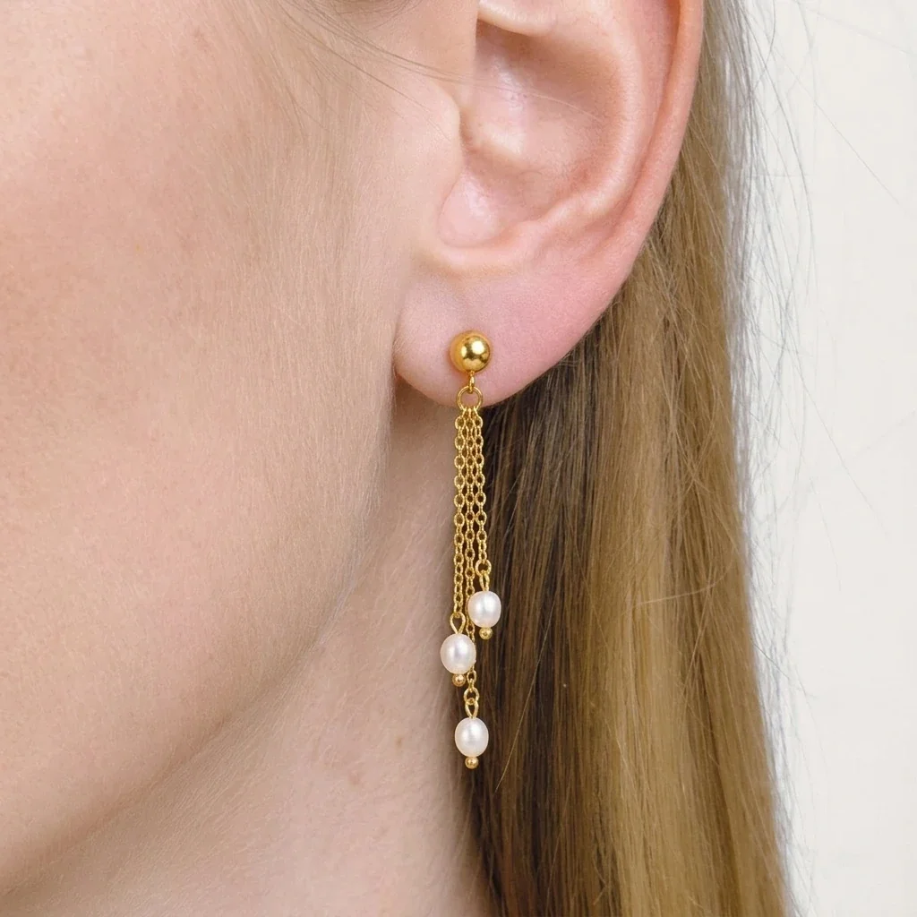Elegant Stainless Steel Triple-Chain Pearl Drop Earrings