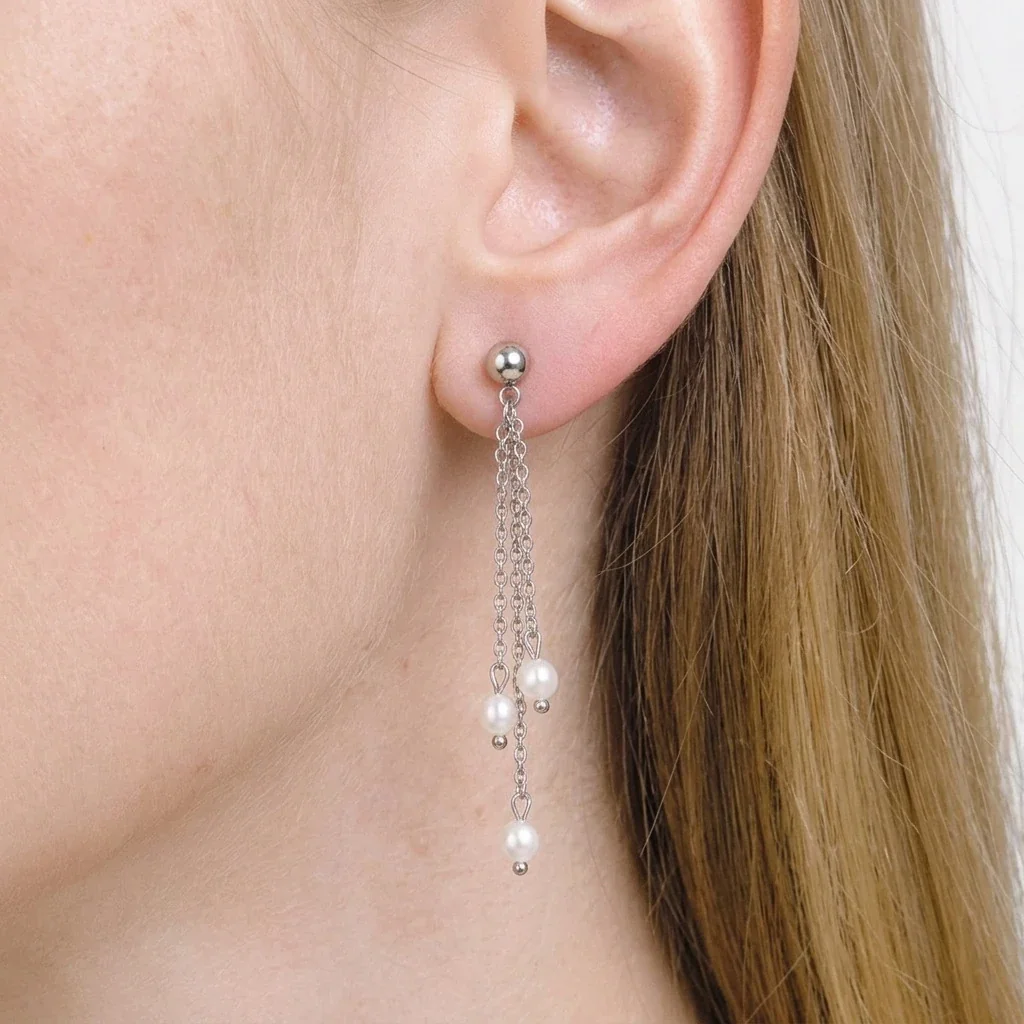 Elegant Stainless Steel Triple-Chain Pearl Drop Earrings
