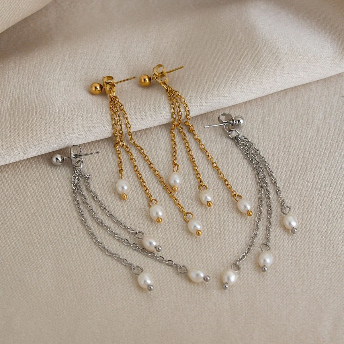 Elegant Stainless Steel Triple-Chain Pearl Drop Earrings