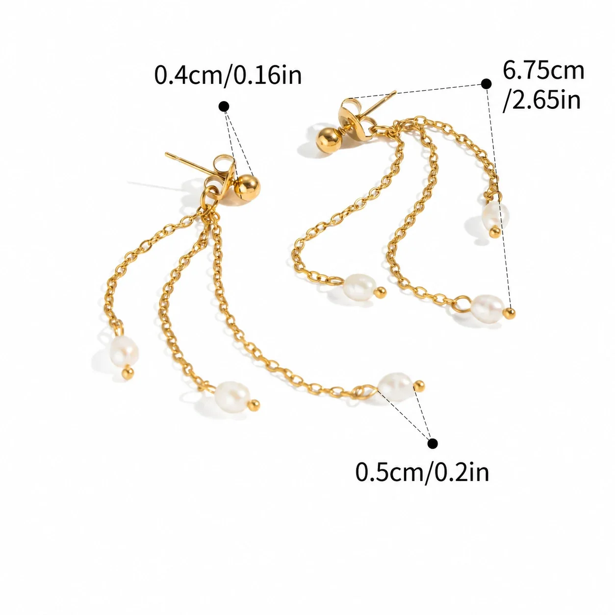 Elegant Stainless Steel Triple-Chain Pearl Drop Earrings - Gold