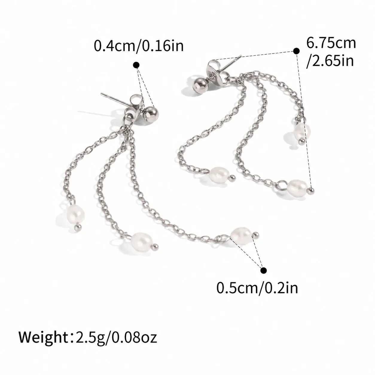 Elegant Stainless Steel Triple-Chain Pearl Drop Earrings - Silver