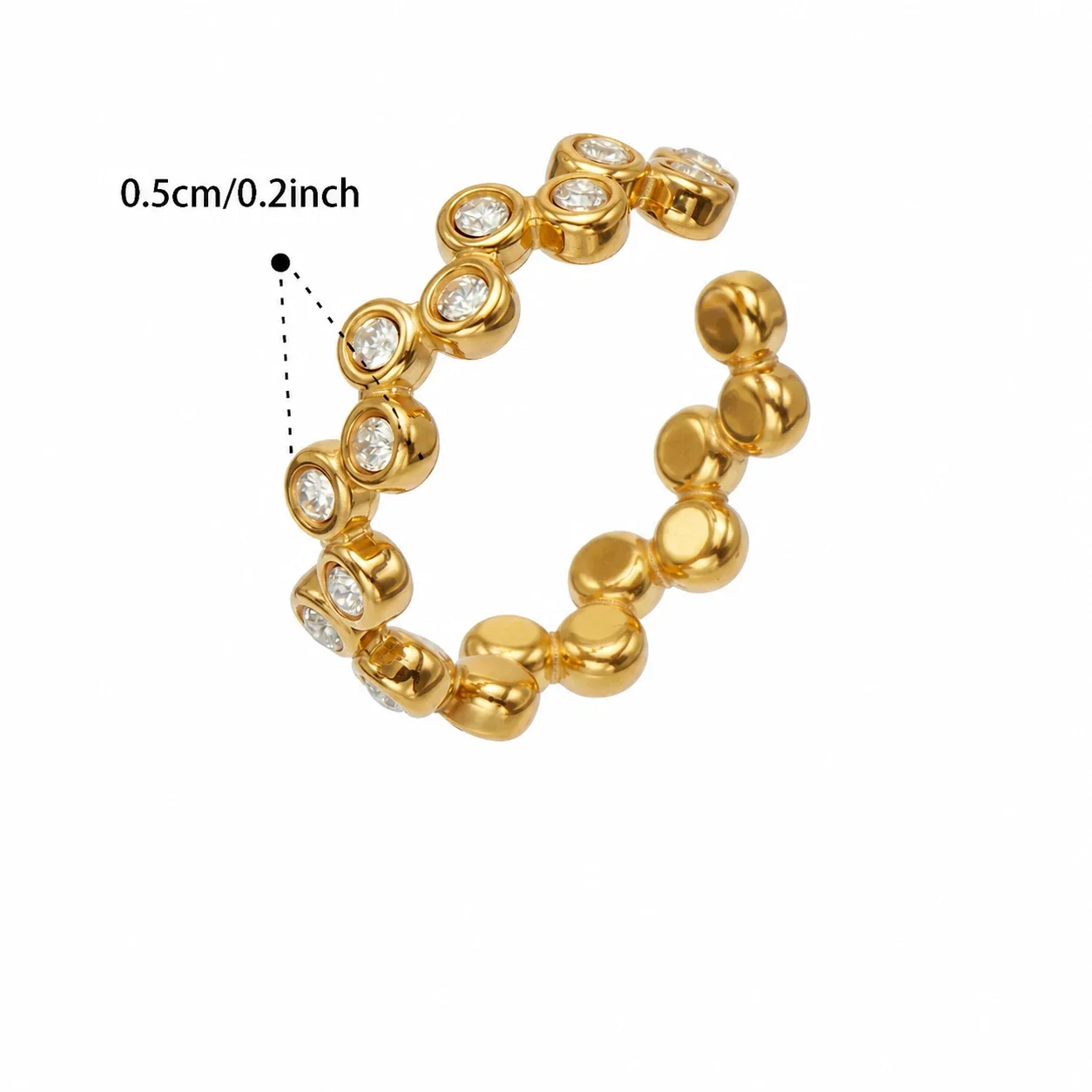 Beaded Bezel CZ Open-Front Stainless Steel Ring - Gold Size