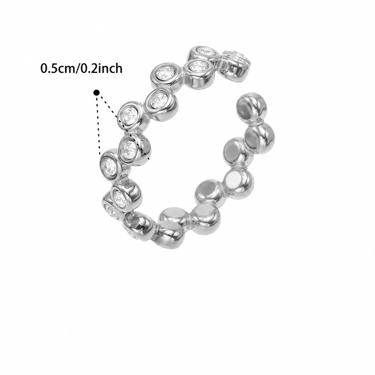 Beaded Bezel CZ Open-Front Stainless Steel Ring - Silver Size