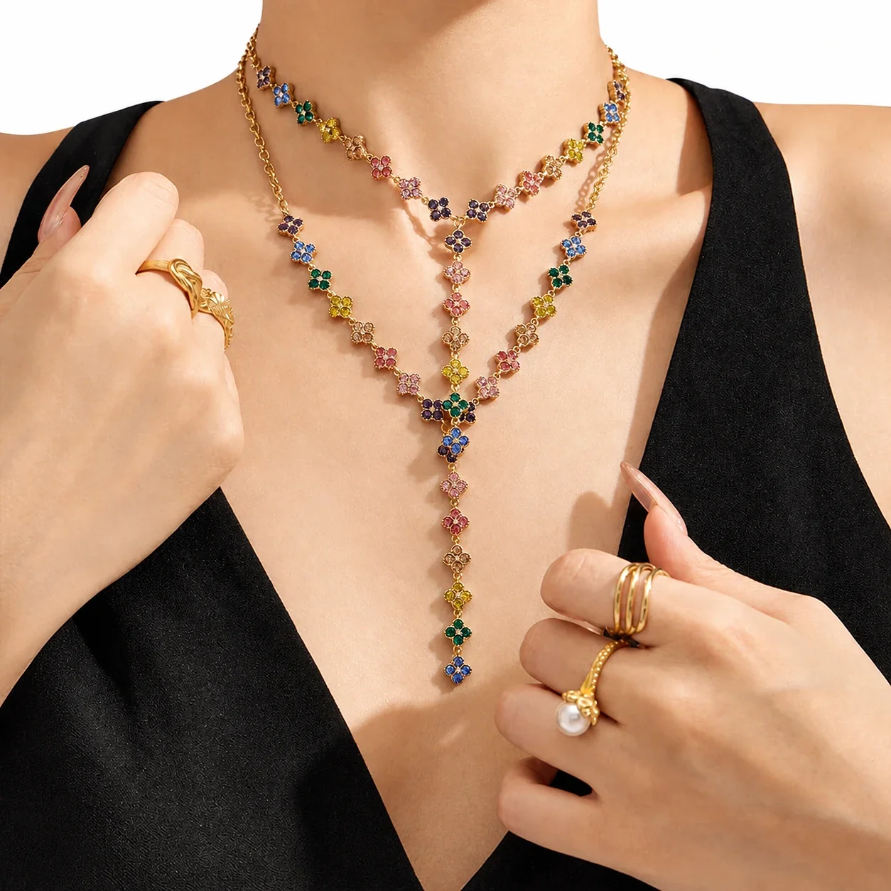 Ornate 18K Gold-Plated Stainless Steel Floral Y-Drop Necklace