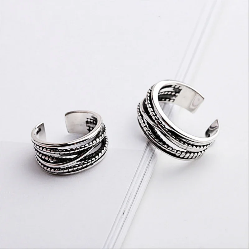Antiqued Silver-Plated Twisted Rope Open Cuff Copper Ring