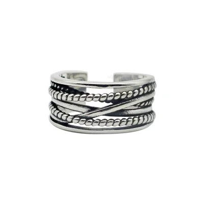 Antiqued Silver-Plated Twisted Rope Open Cuff Copper Ring - Women's