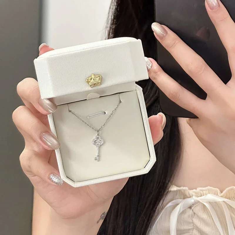 Delicate Pavé Crystal Clover Key 925 Sterling Silver Necklace
