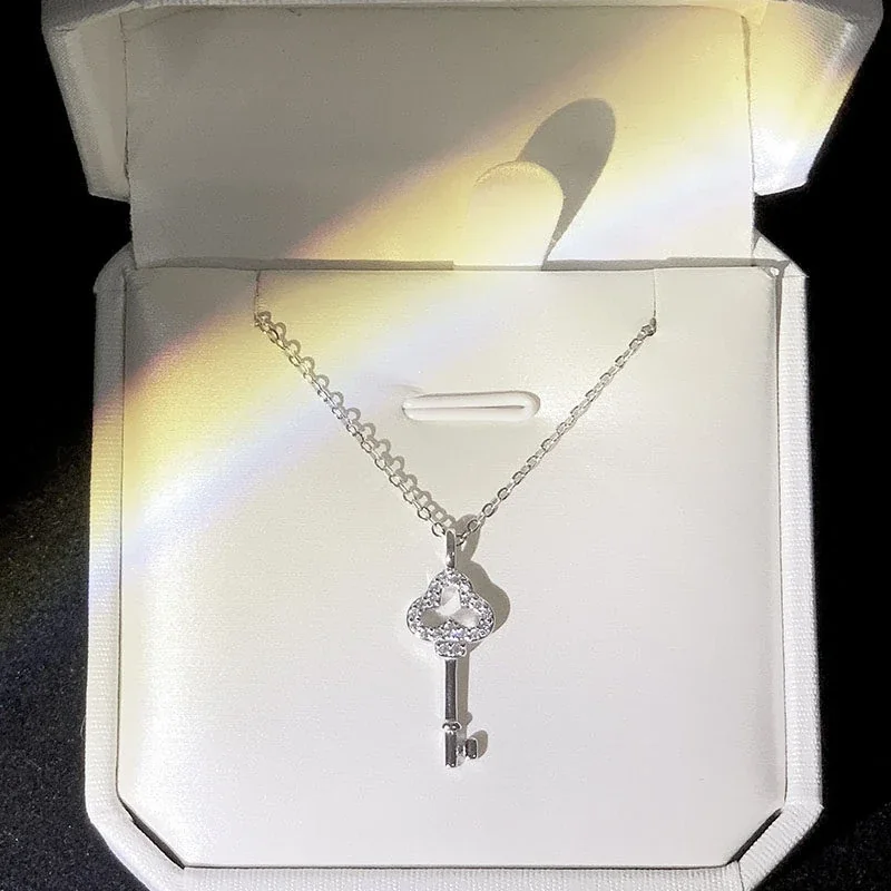Delicate Pavé Crystal Clover Key 925 Sterling Silver Necklace