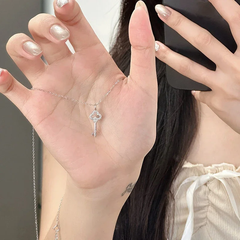 Delicate Pavé Crystal Clover Key 925 Sterling Silver Necklace