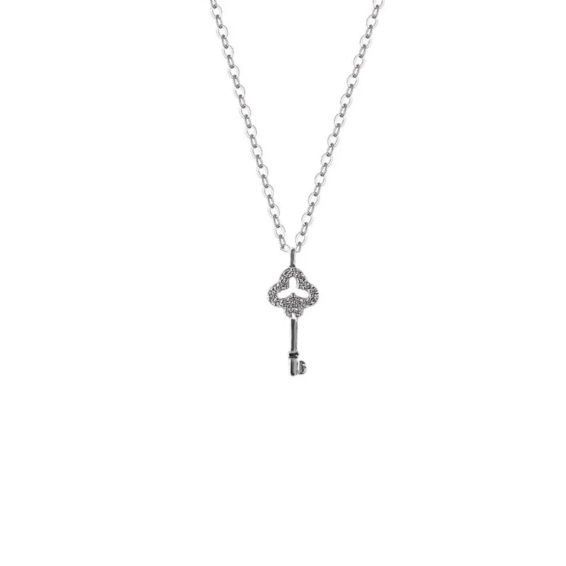 Delicate Pavé Crystal Clover Key 925 Sterling Silver Necklace - Silver