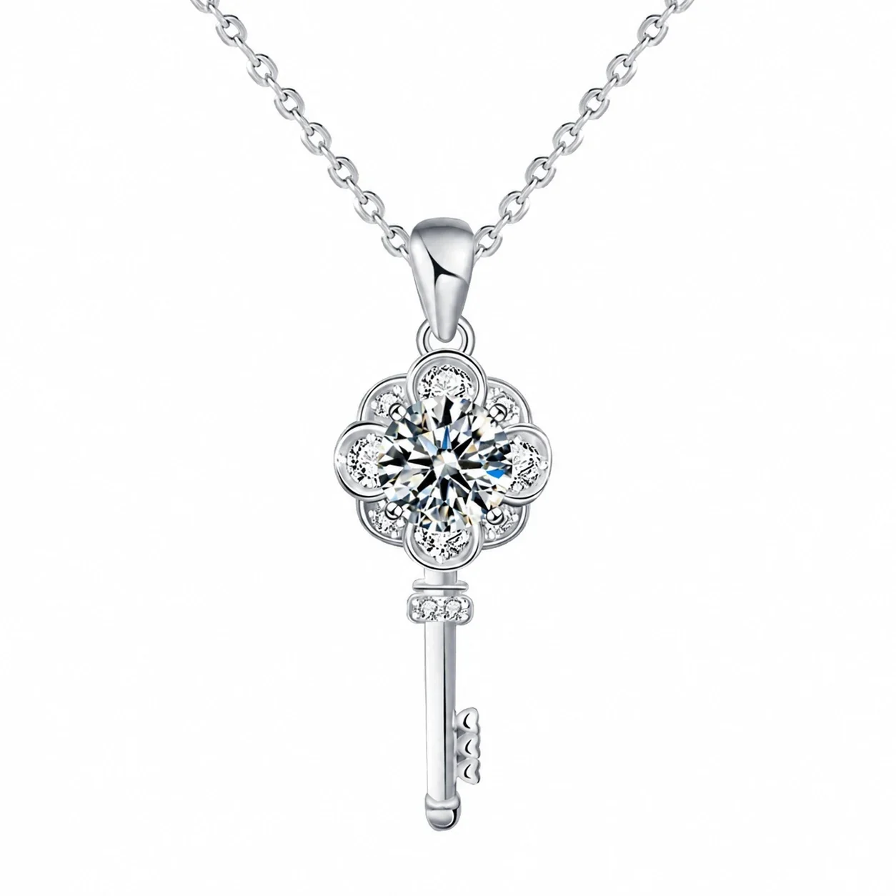 Ornate 925 Sterling Silver Floral Key Moissanite Necklace
