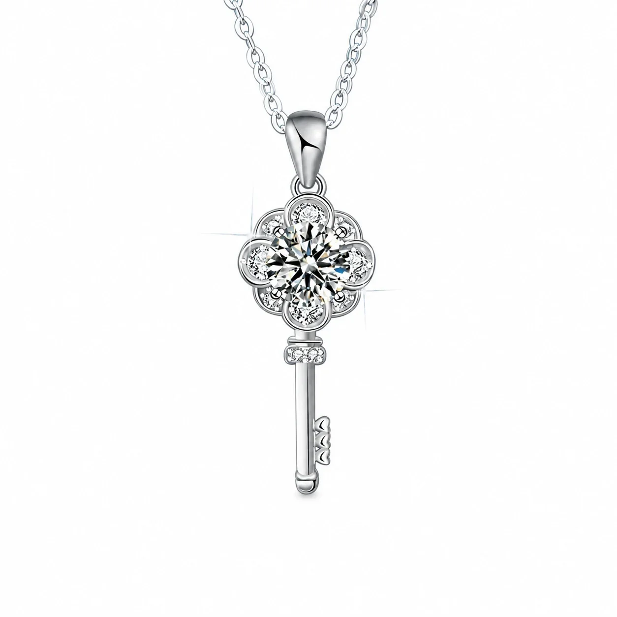 Ornate 925 Sterling Silver Floral Key Moissanite Necklace