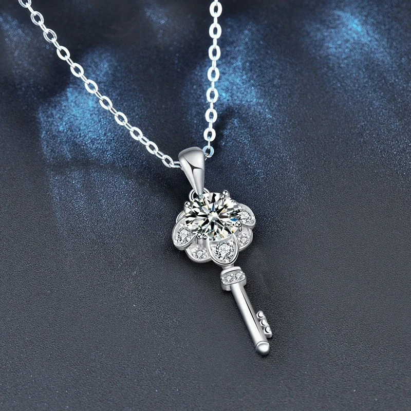 Ornate 925 Sterling Silver Floral Key Moissanite Necklace