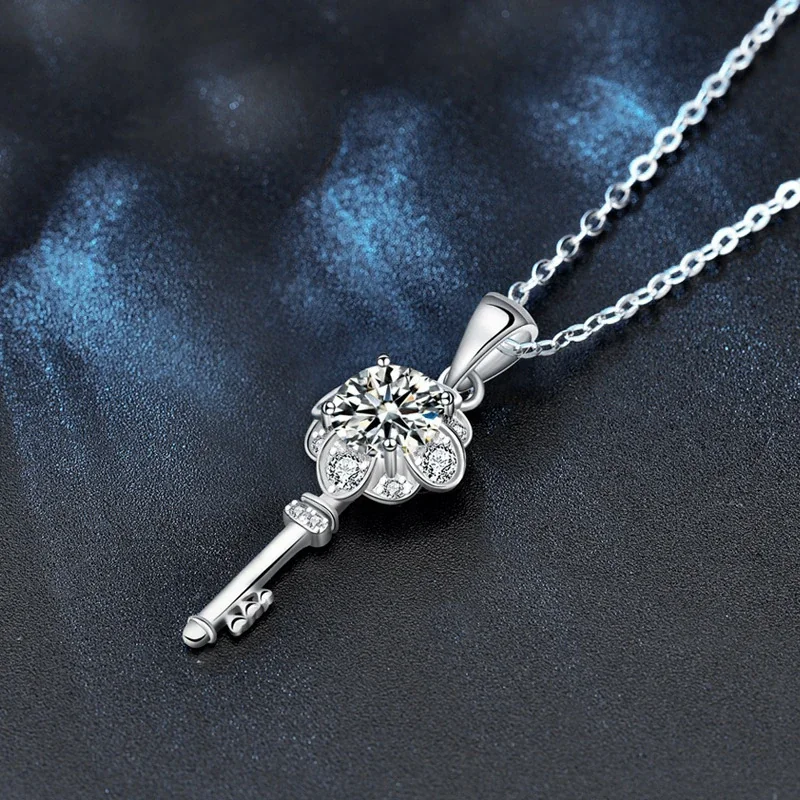 Ornate 925 Sterling Silver Floral Key Moissanite Necklace