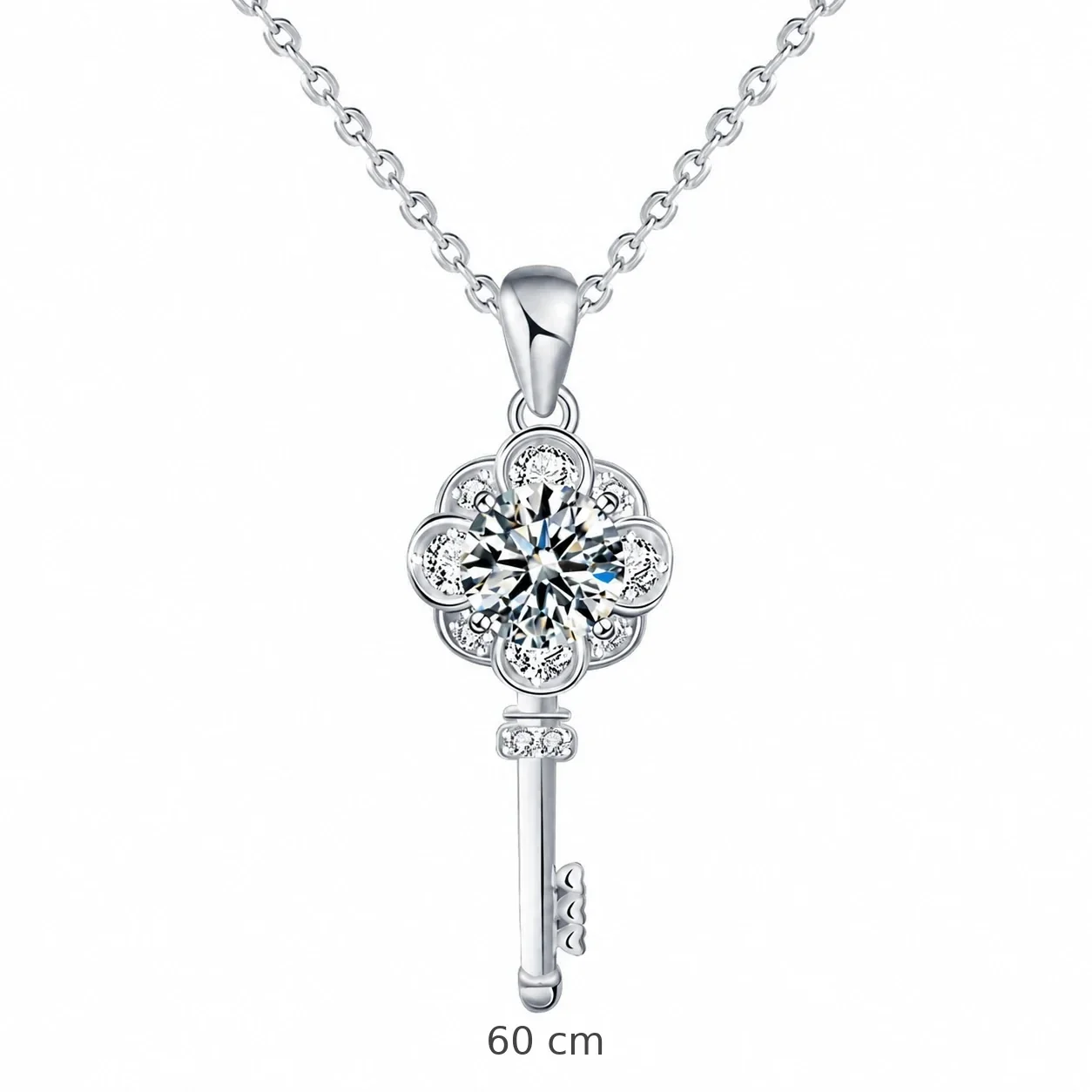 Ornate 925 Sterling Silver Floral Key Moissanite Necklace - 60 cm Sweater
