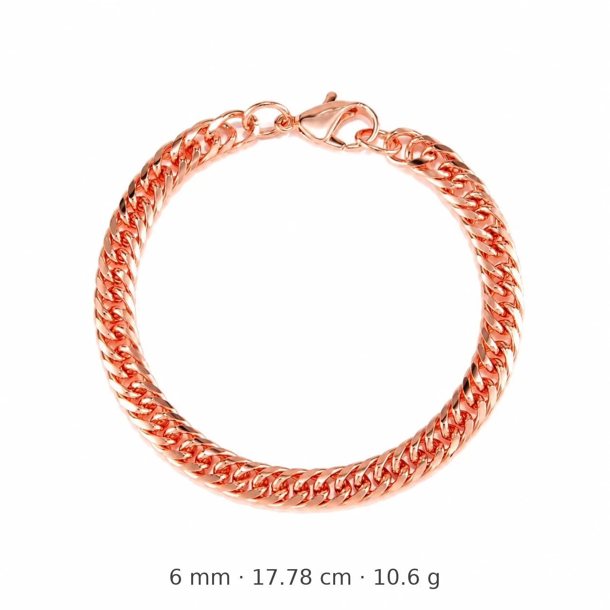 Polished Rose Gold-Plated Copper Cuban Link Lobster Clasp Bracelet - 17.78 cm x 0.6 cm