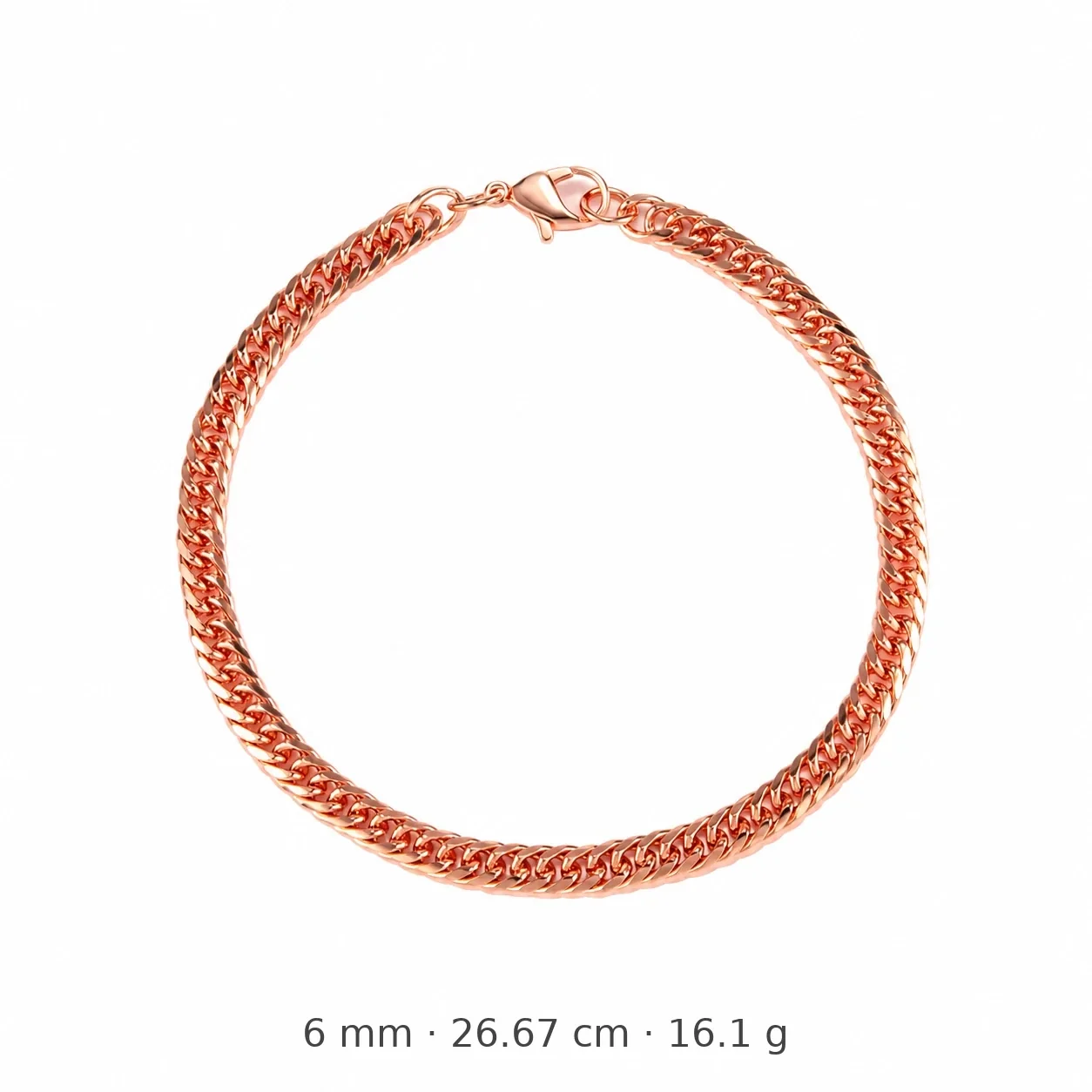 Polished Rose Gold-Plated Copper Cuban Link Lobster Clasp Bracelet - 26.67 cm x 0.6 cm