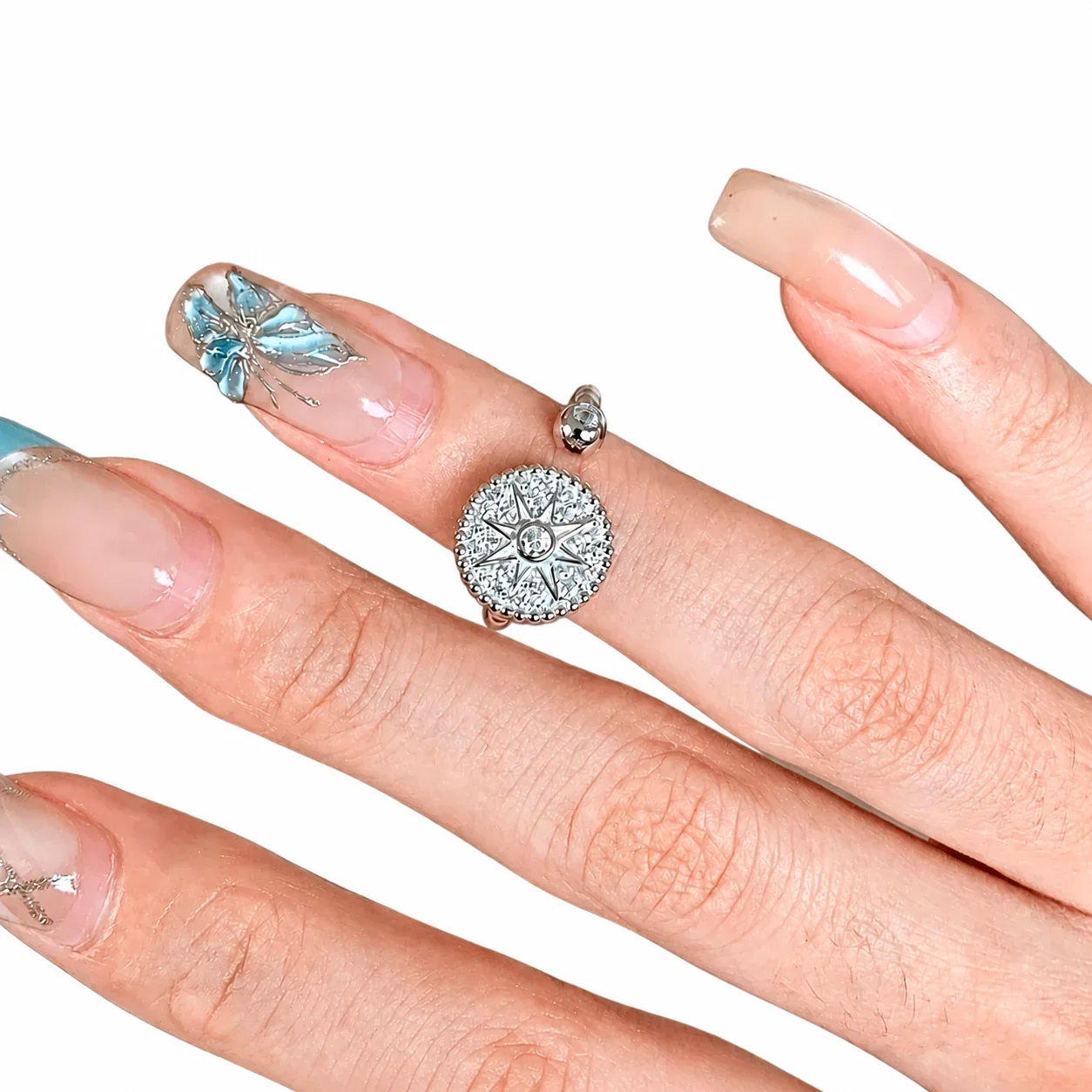 Celestial Silver-Plated Copper Star Compass Beaded Open Ring