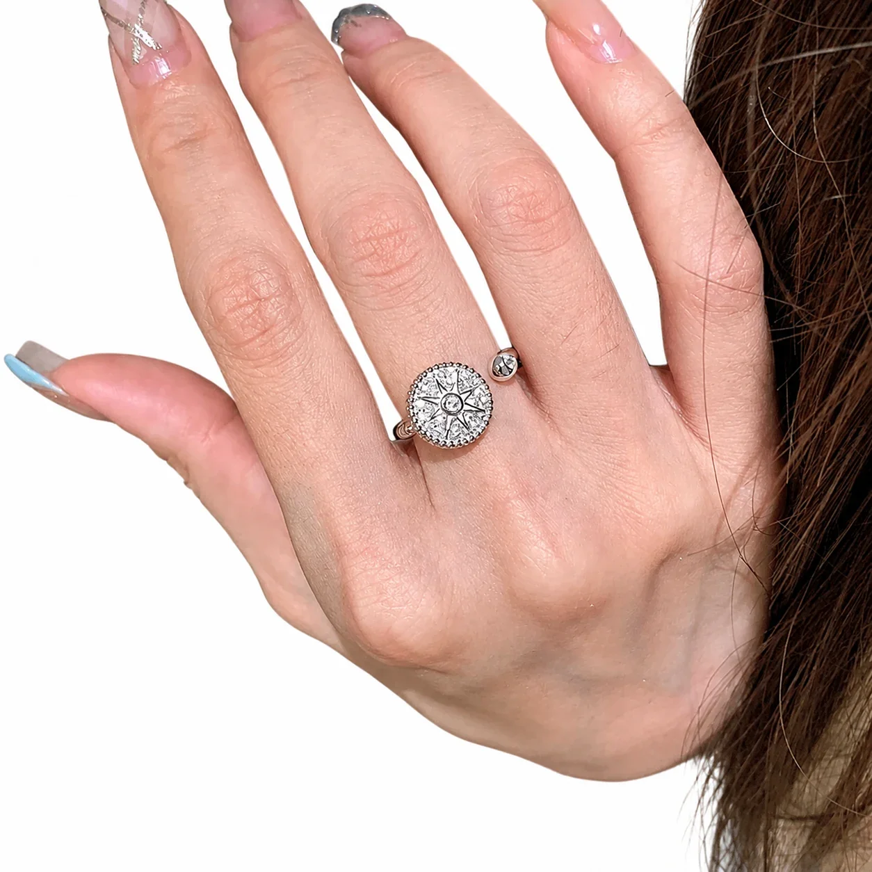 Celestial Silver-Plated Copper Star Compass Beaded Open Ring