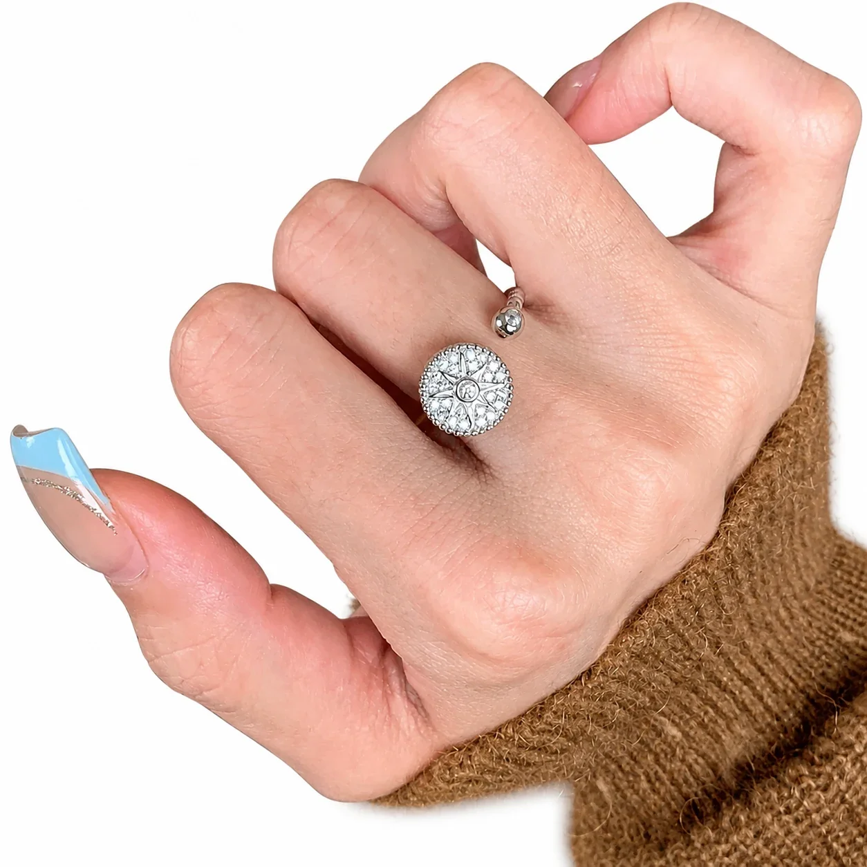 Celestial Silver-Plated Copper Star Compass Beaded Open Ring