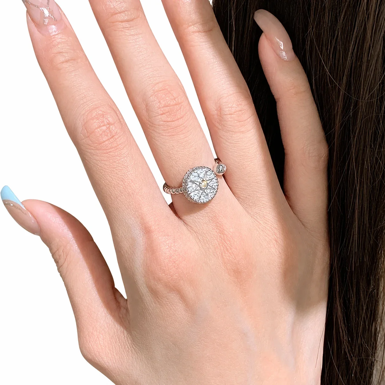Celestial Silver-Plated Copper Star Compass Beaded Open Ring