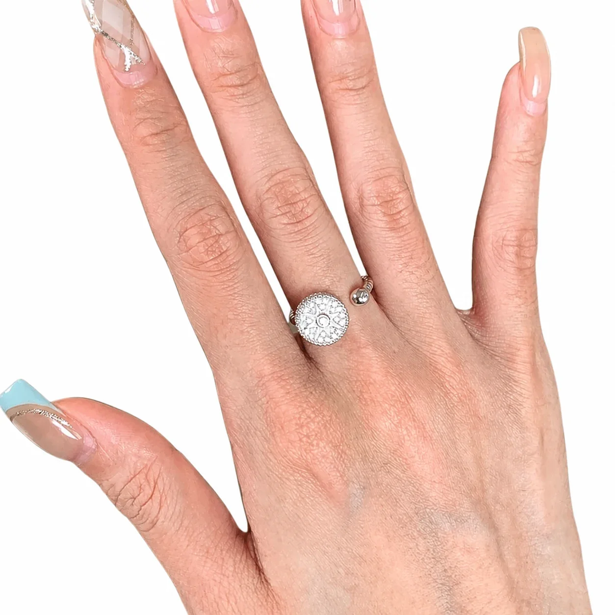 Celestial Silver-Plated Copper Star Compass Beaded Open Ring