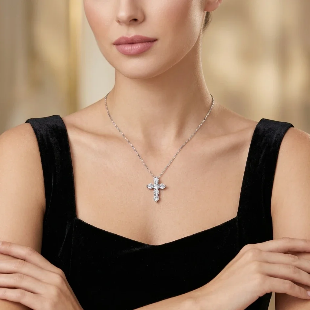 Radiant 925 Sterling Silver Round Moissanite Cross Necklace